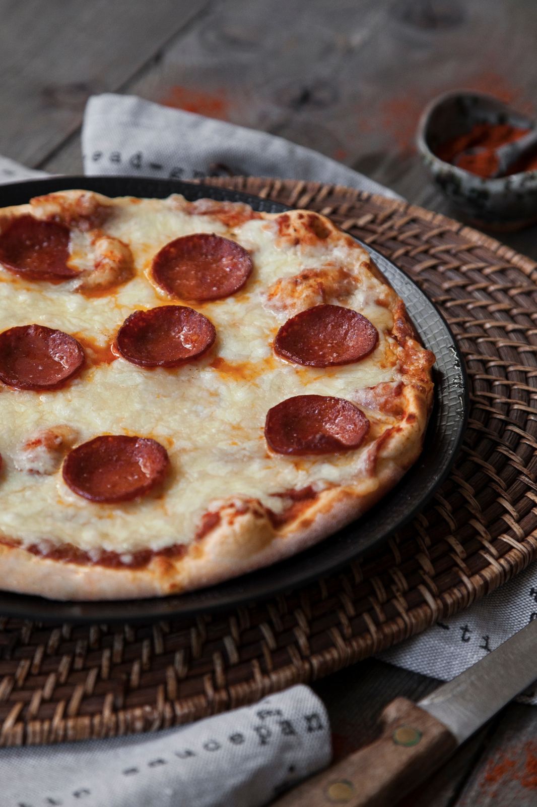 Pepperoni pizza with bubbling cheese